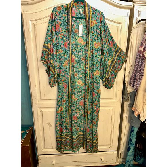 NWT SPELL DESIGNS FOLKTOWN TURQUOISE MAXI KIMONO ROBE OSFA - Picture 2 of 8